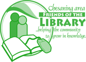 Friends of the Library Logo with two stylistic people, open book, computer mouse and leaf