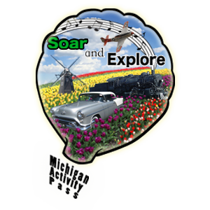 Hot Air Balloon with words "Soar and Explore" and a windmill and car surrounded by flowers.