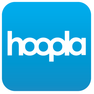 white Hoopla logo on blue backround